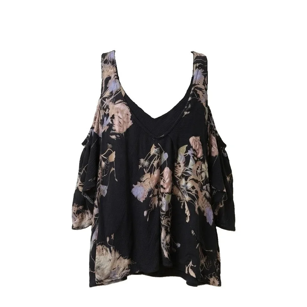 Free People Intimately Women's Size XS Black Floral V-Neck Ruffle Sleeveless Top
